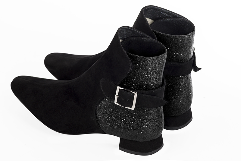 Matt black and dark silver women's elegant sneakers. Square toe. Flat flare heels. Rear view - Florence KOOIJMAN